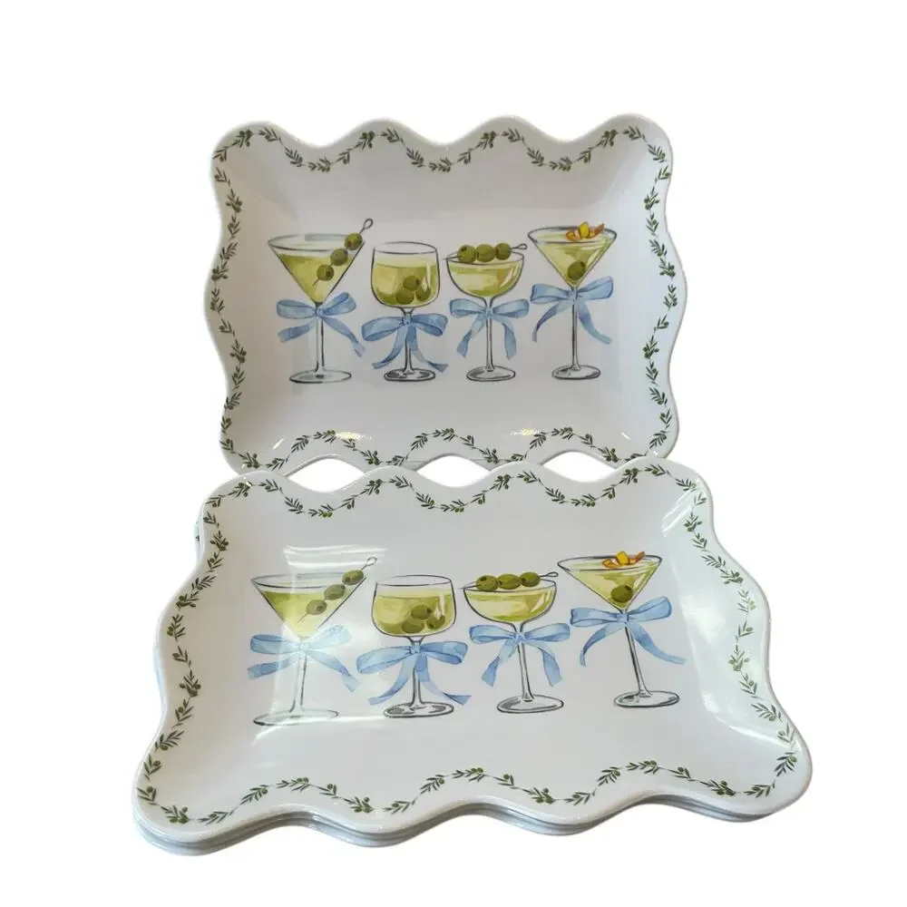 Rachel Zoe Cocktails & Bows Melamine Appetizer Plates 9x6 Set of 4 Scalloped NEW